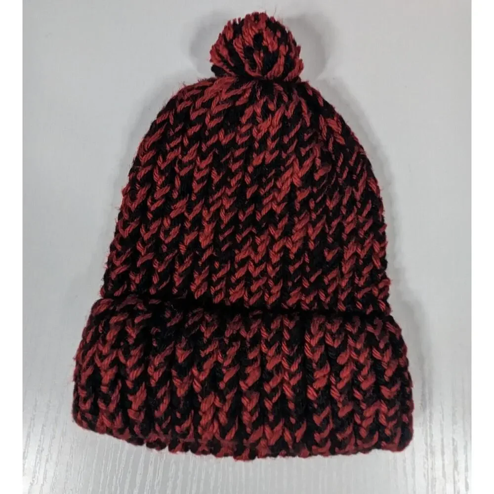 Crochet Hat Youth Size Homeade Red Black Pom Beanie